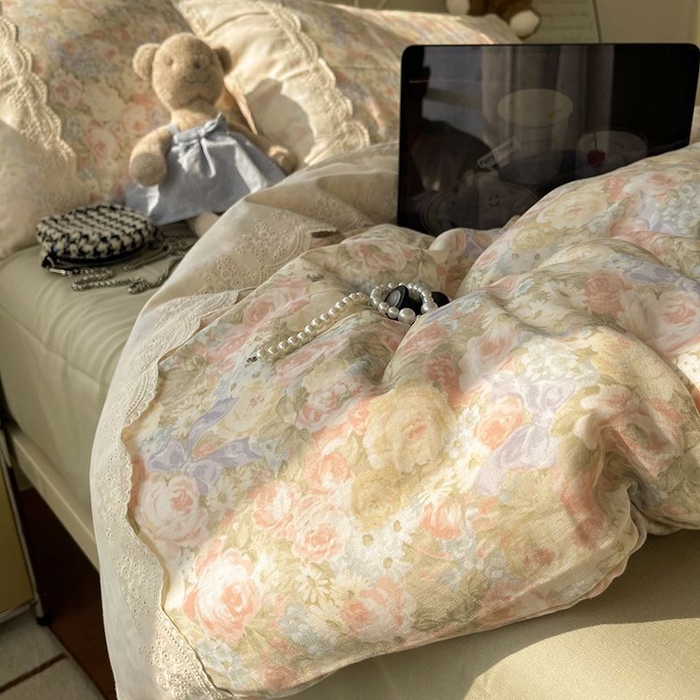 91家纺网 家纺一手货源 找家纺 （总）HL原创 2025法式花边油画风全棉双层纱四件套