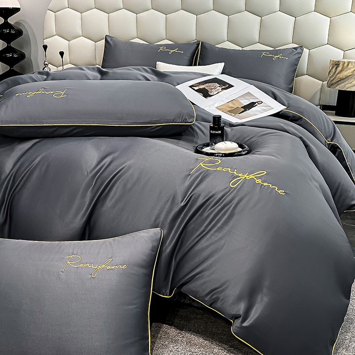 91家纺网 家纺一手货源 找家纺 富宁2025新款水洗真丝时光字母冰丝刺绣四件套 高级灰