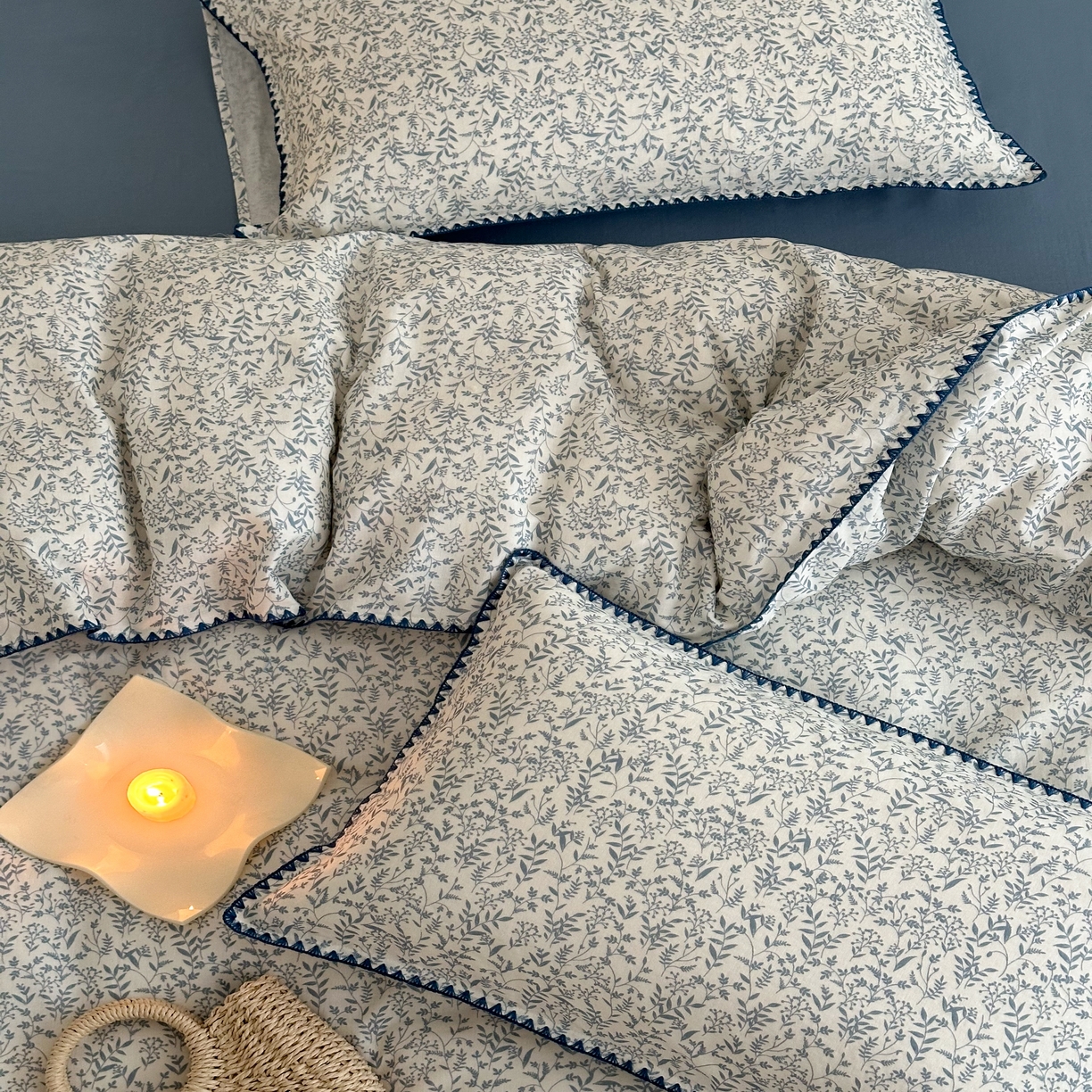 91家纺网 家纺一手货源 找家纺 2025新款工艺款全棉双层纱小清新贝壳边四件套 涟漪