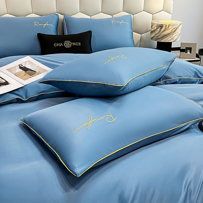 91家纺网 家纺一手货源 找家纺 富宁2025新款水洗真丝时光字母冰丝刺绣四件套 宾利蓝