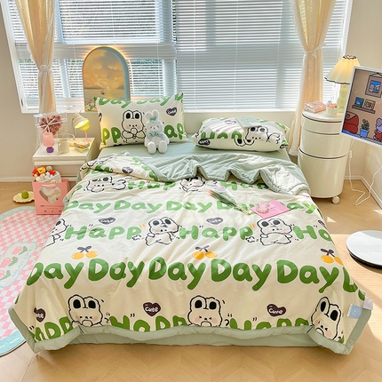 91家纺网 家纺一手货源 找家纺 一加一 2025新款A棉B水洗棉大豆夏被四件套 HAPPY狗