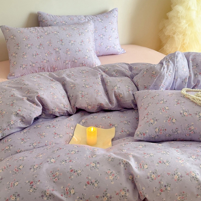 91家纺网 家纺一手货源 找家纺 塞纳 2026新款.全棉有氧双层纱四件套-场景一 汀花里-紫