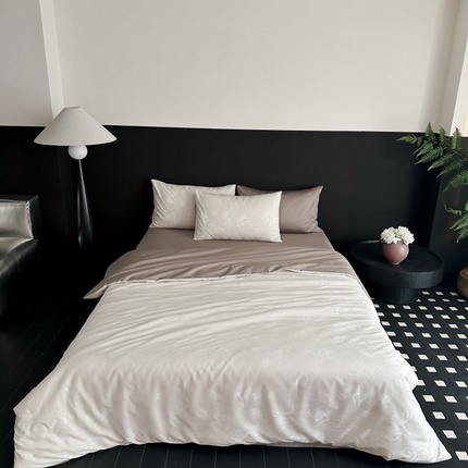 91家纺网 家纺一手货源 找家纺 玉宇阁2025新款100S色织天丝棉大提花四件套雪融简约白茶-简约 简约白茶