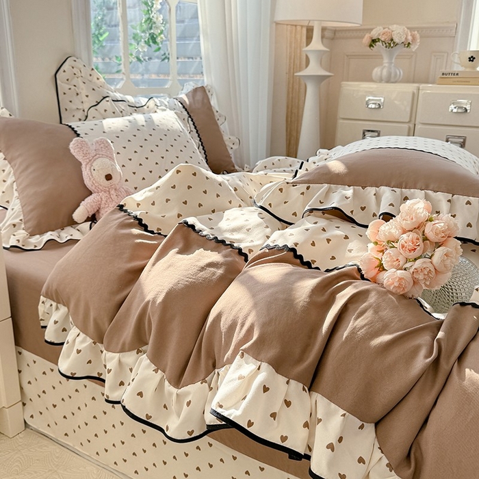 91家纺网 家纺一手货源 找家纺 大麦家纺 2025新款韩式花边亲肤棉四件套 爱心