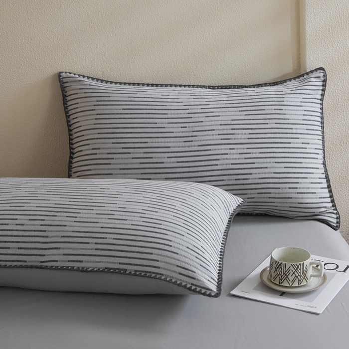 91家纺网 家纺一手货源 找家纺 2025新款亲肤全棉三层纱提花四件套 韵律-星灰