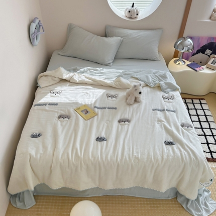 一加一 2025新款全棉双层纱皱皱纱毛巾绣夏被被子被芯 快乐狗