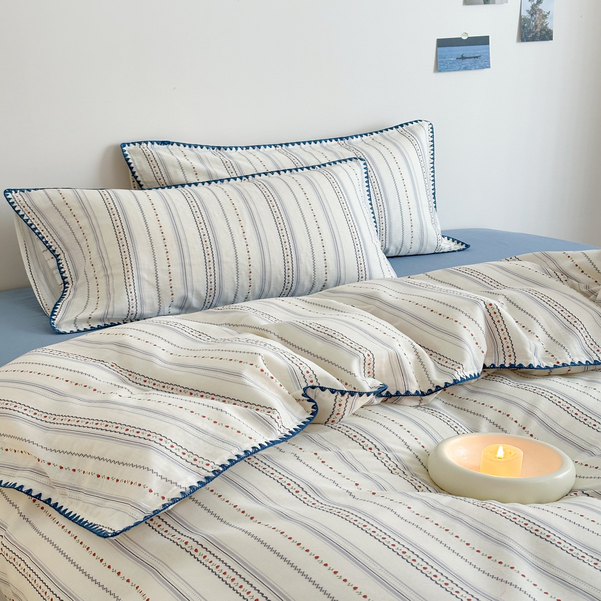 91家纺网 家纺一手货源 找家纺 2025新款工艺款全棉双层纱小清新贝壳边四件套 花韵