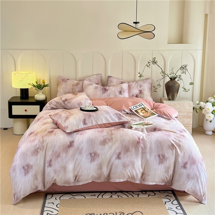 2025新款仿色织提花数码印花水洗棉四件套 琉璃雨 红