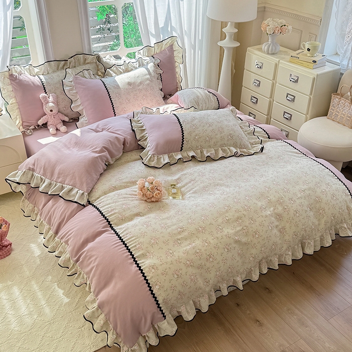 91家纺网 家纺一手货源 找家纺 大麦家纺 2025新款韩式花边亲肤棉四件套 花影