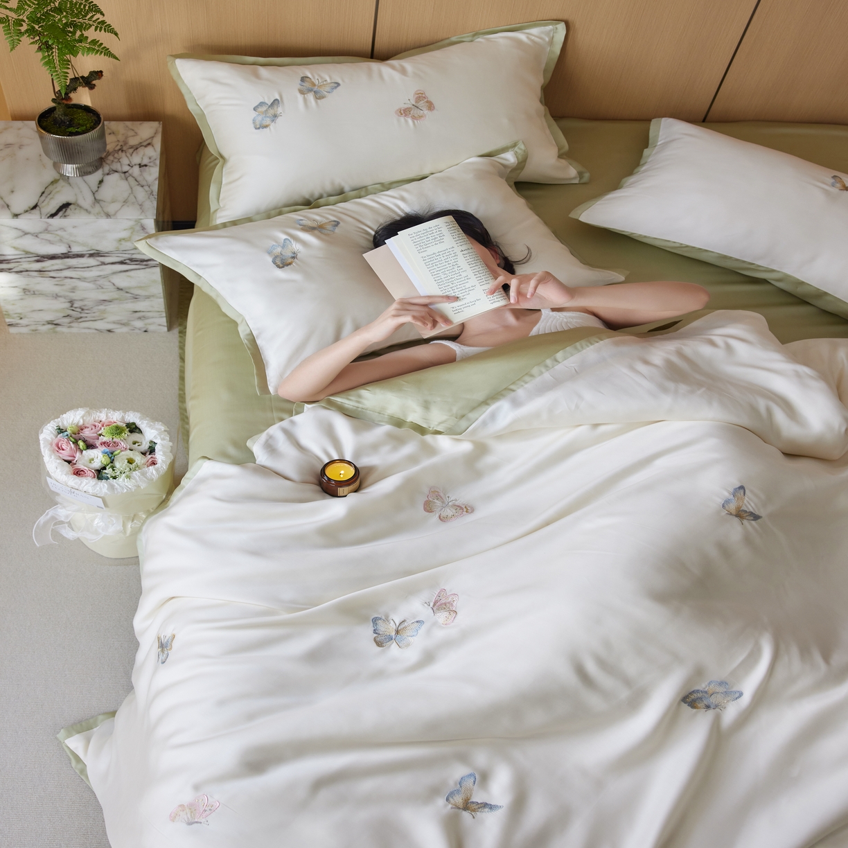 91家纺网 家纺一手货源 找家纺 风向标家纺  2025新款奥地利进口60s兰精天丝拼边款（风格一） 秘境-彩蝶