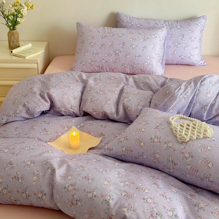 91家纺网 家纺一手货源 找家纺 塞纳 2026新款.全棉有氧双层纱四件套-场景一 汀花里-紫