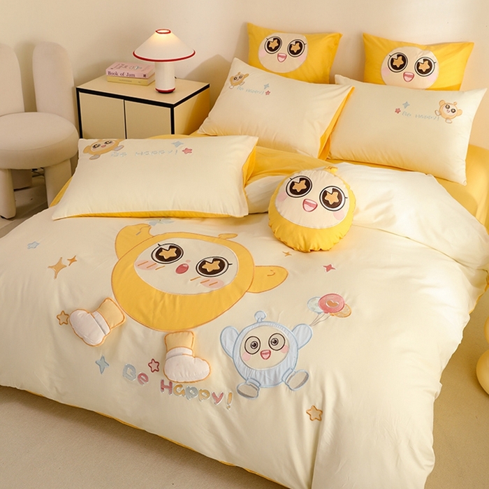 91家纺网 家纺一手货源 找家纺 绒棉世家 2025绒棉世家新款全棉水洗棉贴布绣专版四件套 蛋仔