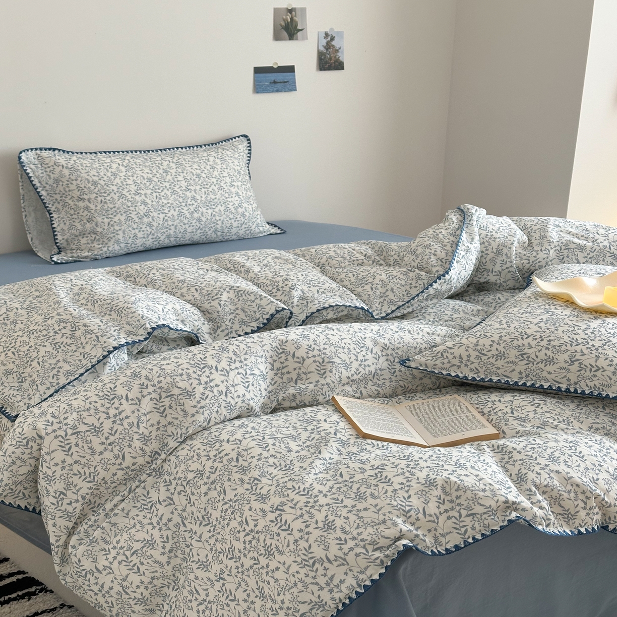 91家纺网 家纺一手货源 找家纺 2025新款工艺款全棉双层纱小清新贝壳边四件套 涟漪