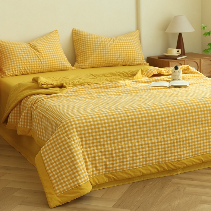 91家纺网 家纺一手货源 找家纺 雯雨家纺 2025新款A类无印风里外全棉纯棉水洗棉新疆棉花夏被夏凉被空调被 黄小格