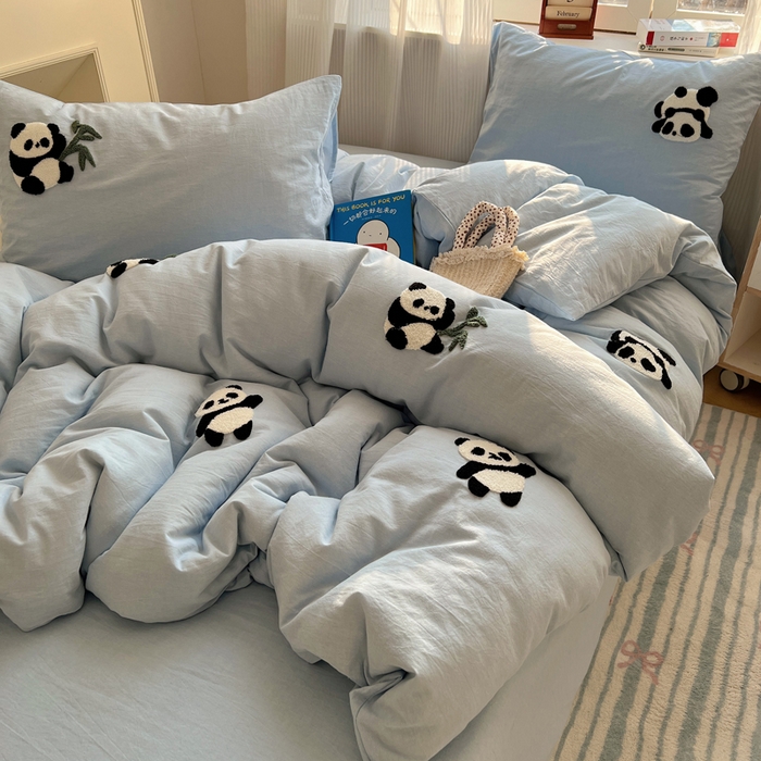 91家纺网 家纺一手货源 找家纺 慕尚家纺 2025新款春夏新款色织水洗棉毛巾绣四件套 熊猫 蓝