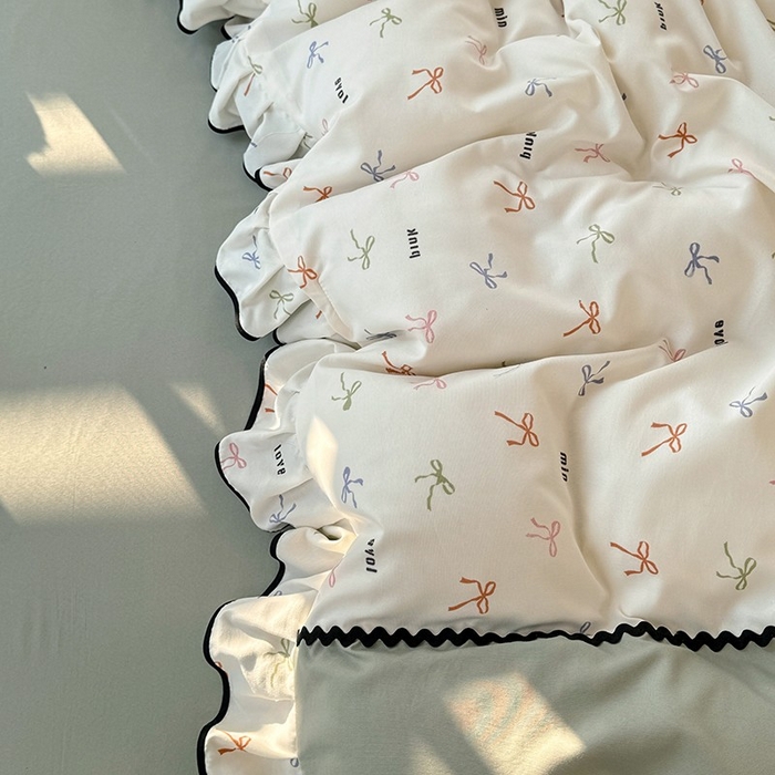 91家纺网 家纺一手货源 找家纺 大麦家纺 2025新款韩式花边亲肤棉四件套 蝴蝶结