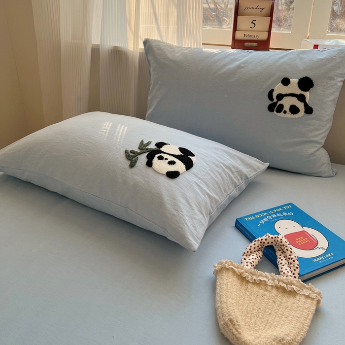 91家纺网 家纺一手货源 找家纺 慕尚家纺 2025新款春夏新款色织水洗棉毛巾绣四件套 熊猫 蓝