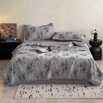 91家纺网 家纺一手货源 找家纺 （总）2025新款全棉三层纱提花夏被四件套