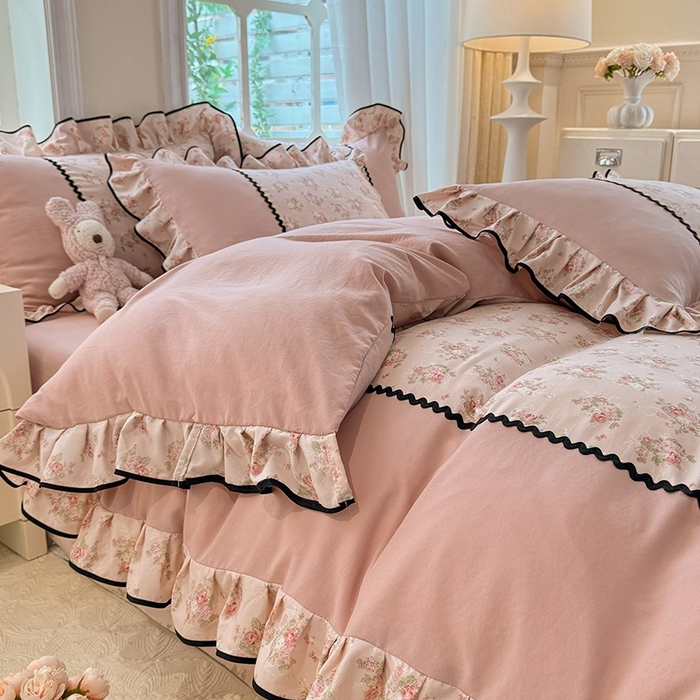 91家纺网 家纺一手货源 找家纺 大麦家纺 2025新款韩式花边亲肤棉四件套 繁花