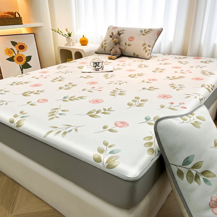 91家纺网 家纺一手货源 找家纺 2025春夏新款独家研发太空层凉感软席冰丝印花凉席床笠款 莫妮卡