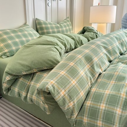 91家纺网 家纺一手货源 找家纺 玖弘家居 2025新款水洗棉格子系列四件套 柔光格绿