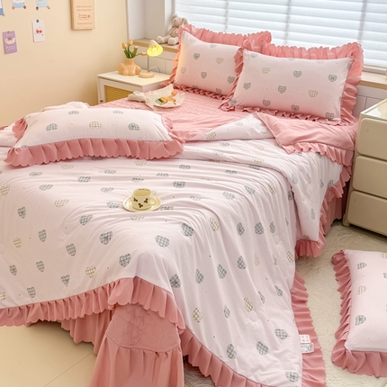 慕克斯 2025新款奶小棉韩版床盖款夏被四件套 一见钟情-粉