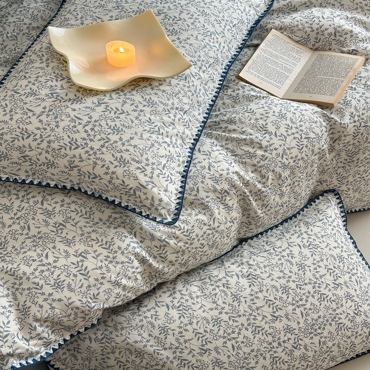 91家纺网 家纺一手货源 找家纺 2025新款工艺款全棉双层纱小清新贝壳边四件套 涟漪