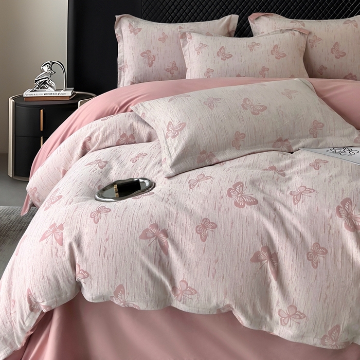 91家纺网 家纺一手货源 找家纺 朵希曼 2025新款轻奢全棉提花系列四件套 蝶恋-粉