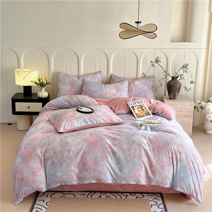 2025新款仿色织提花数码印花水洗棉四件套 隐纱 粉