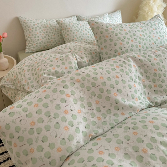 91家纺网 家纺一手货源 找家纺 塞纳 2026新款.全棉有氧双层纱四件套-场景一 大橘大利-绿