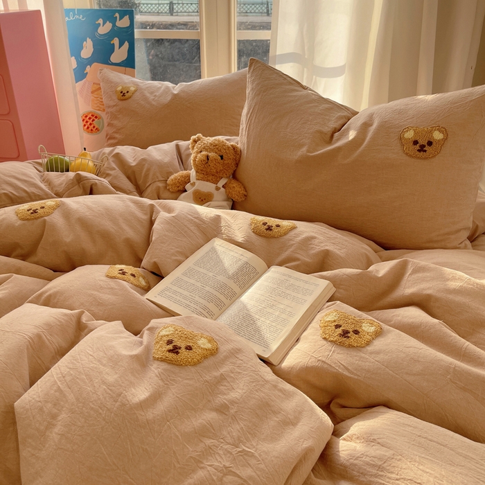 91家纺网 家纺一手货源 找家纺 慕尚家纺 2025新款春夏新款色织水洗棉毛巾绣四件套 嘟嘟熊 咖