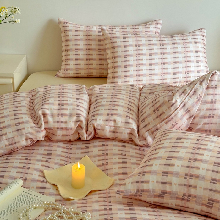 91家纺网 家纺一手货源 找家纺 塞纳 2026新款.全棉有氧双层纱四件套-场景一 云缦-咖