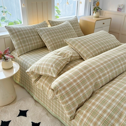 梦精灵家纺 2025新款全棉纯棉色织水洗棉床盖四件套加大尺寸单被套枕套 利奥-绿