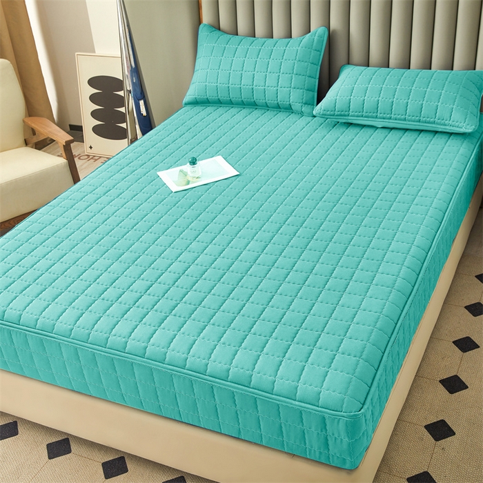 91家纺网 家纺一手货源 找家纺 欧邦 2025新款水洗原棉六面全包夹棉床笠 净水绿