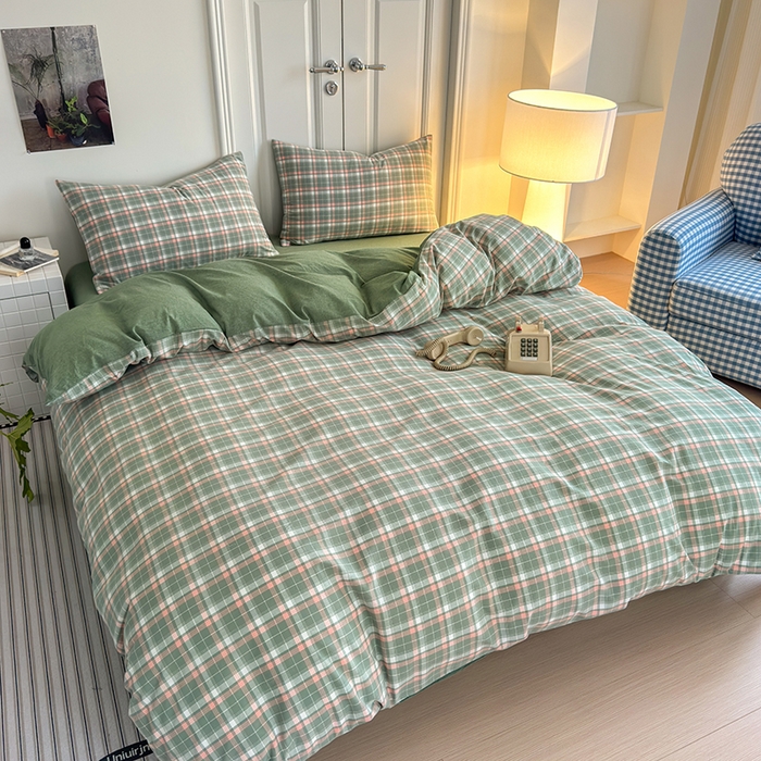 91家纺网 家纺一手货源 找家纺 玖弘家居 2025新款水洗棉格子系列四件套 映像格绿