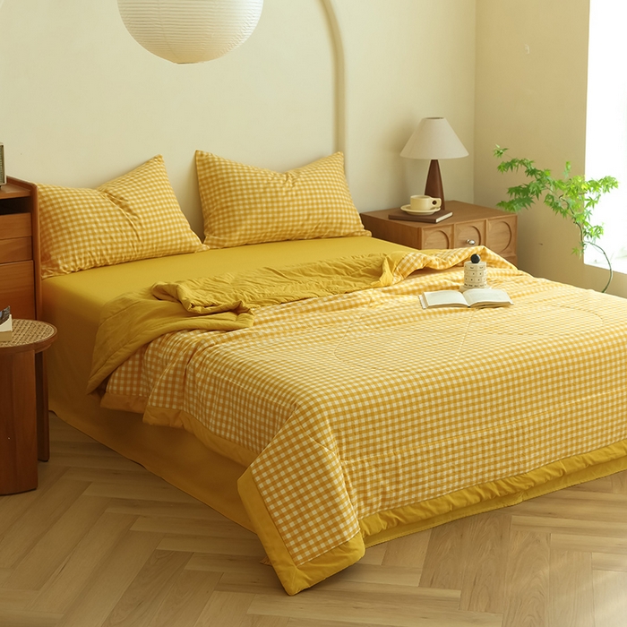 91家纺网 家纺一手货源 找家纺 雯雨家纺 2025新款A类无印风里外全棉纯棉水洗棉新疆棉花夏被夏凉被空调被 黄小格