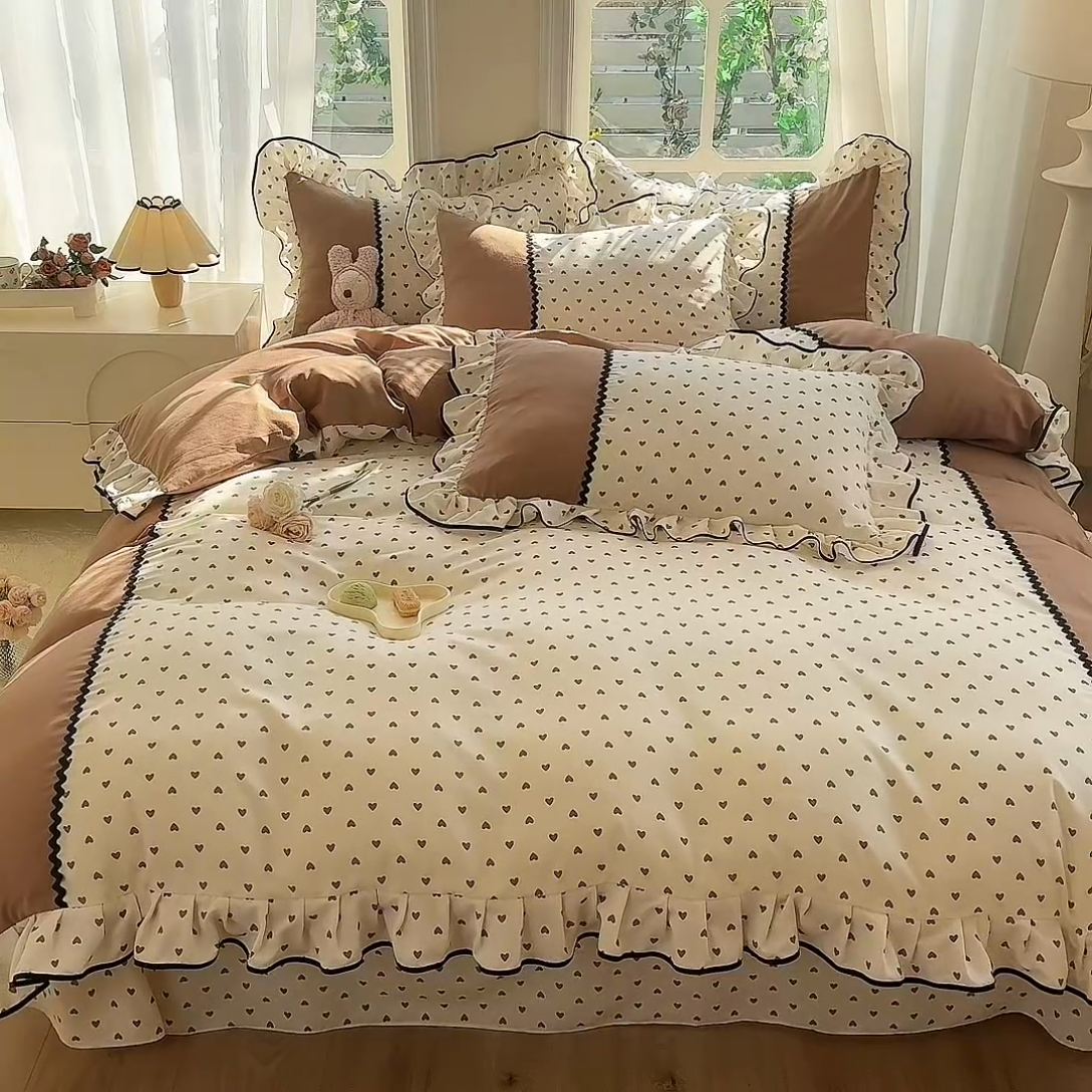 91家纺网 家纺一手货源 找家纺 大麦家纺 2025新款韩式花边亲肤棉四件套 爱心