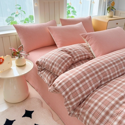 梦精灵家纺 2025新款全棉纯棉色织水洗棉床盖四件套加大尺寸单被套枕套 桔红