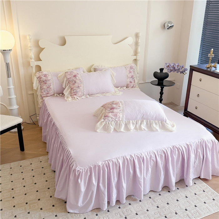 91家纺网 家纺一手货源 找家纺 富盛家纺 2025新款水洗亲肤棉雪纺印绣工艺四件套公主风四件套巴黎春天系列 巴黎春天-紫