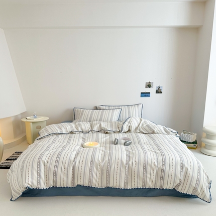 91家纺网 家纺一手货源 找家纺 2025新款工艺款全棉双层纱小清新贝壳边四件套 花韵