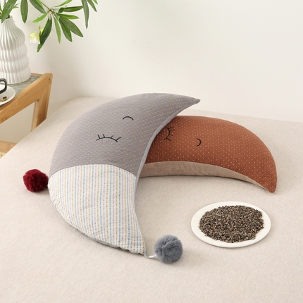 91家纺网 家纺一手货源 找家纺 珍贝家纺 2025新款A类全棉双层纱荞麦枕-月牙弯弯 月牙湾湾-灰色