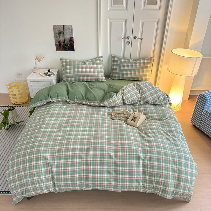 91家纺网 家纺一手货源 找家纺 玖弘家居 2025新款水洗棉格子系列四件套 映像格绿