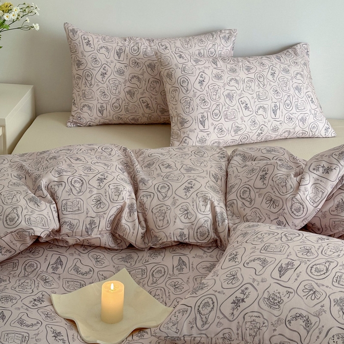 91家纺网 家纺一手货源 找家纺 塞纳 2026新款.全棉有氧双层纱四件套-场景一 浪漫主义-灰