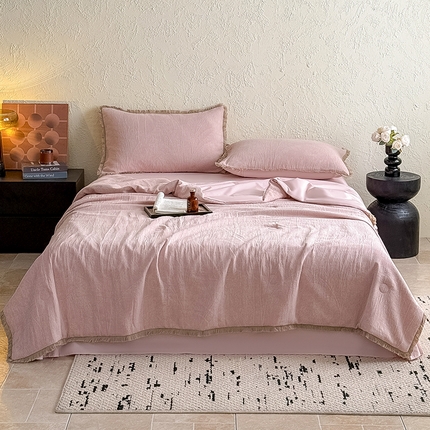 2025新款全棉三层纱提花夏被四件套 竹影-柔粉