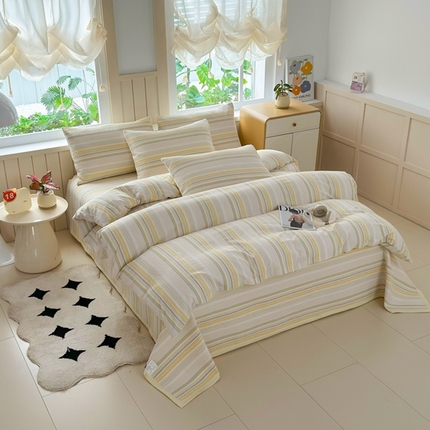 梦精灵家纺 2025新款全棉纯棉色织水洗棉床盖四件套加大尺寸单被套枕套 西蒙-黄