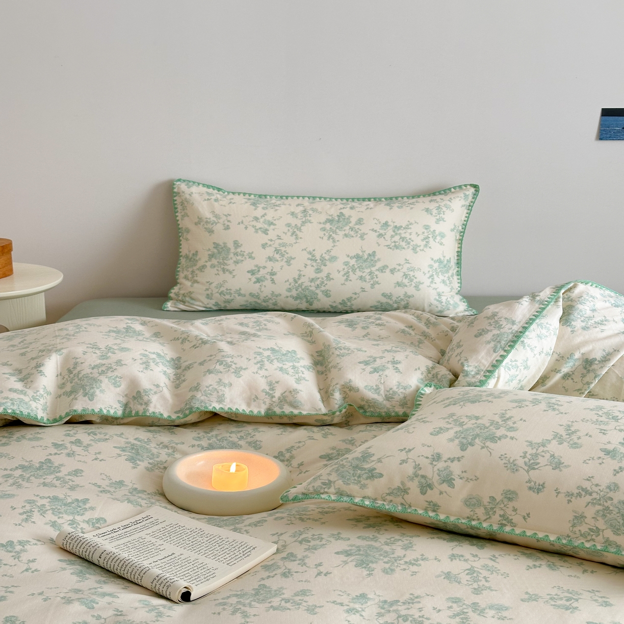 91家纺网 家纺一手货源 找家纺 2025新款工艺款全棉双层纱小清新贝壳边四件套 梨漫