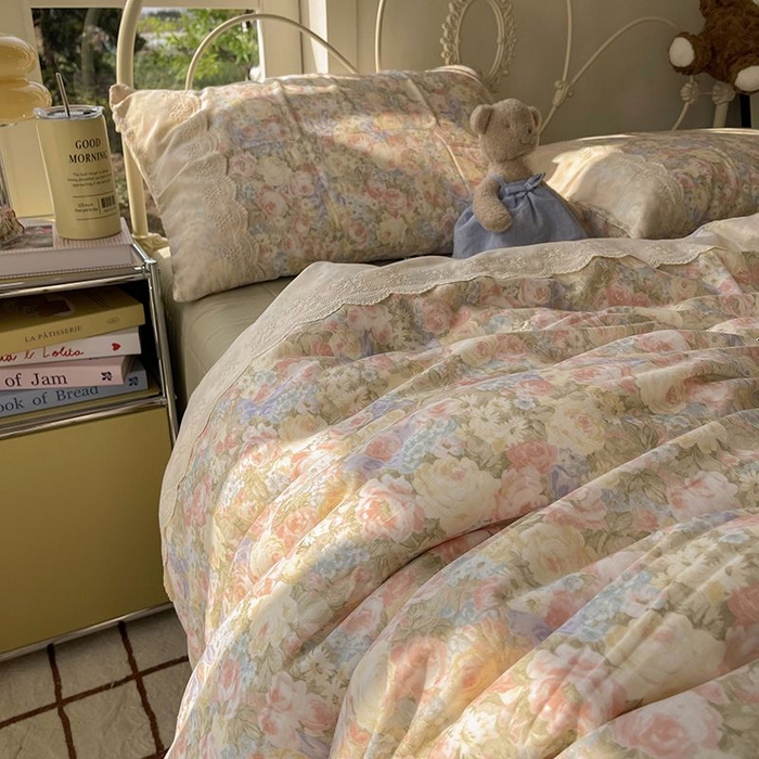 91家纺网 家纺一手货源 找家纺 （总）HL原创 2025法式花边油画风全棉双层纱四件套