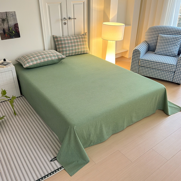 91家纺网 家纺一手货源 找家纺 玖弘家居 2025新款水洗棉格子系列四件套 映像格绿