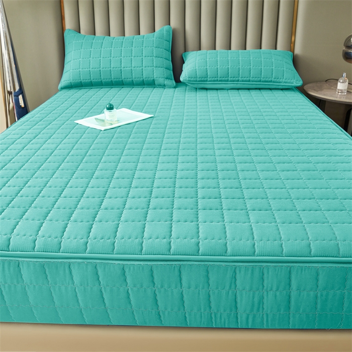 91家纺网 家纺一手货源 找家纺 欧邦 2025新款水洗原棉六面全包夹棉床笠 净水绿