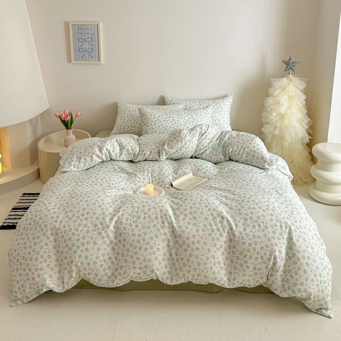 91家纺网 家纺一手货源 找家纺 塞纳 2026新款.全棉有氧双层纱四件套-场景一 大橘大利-绿